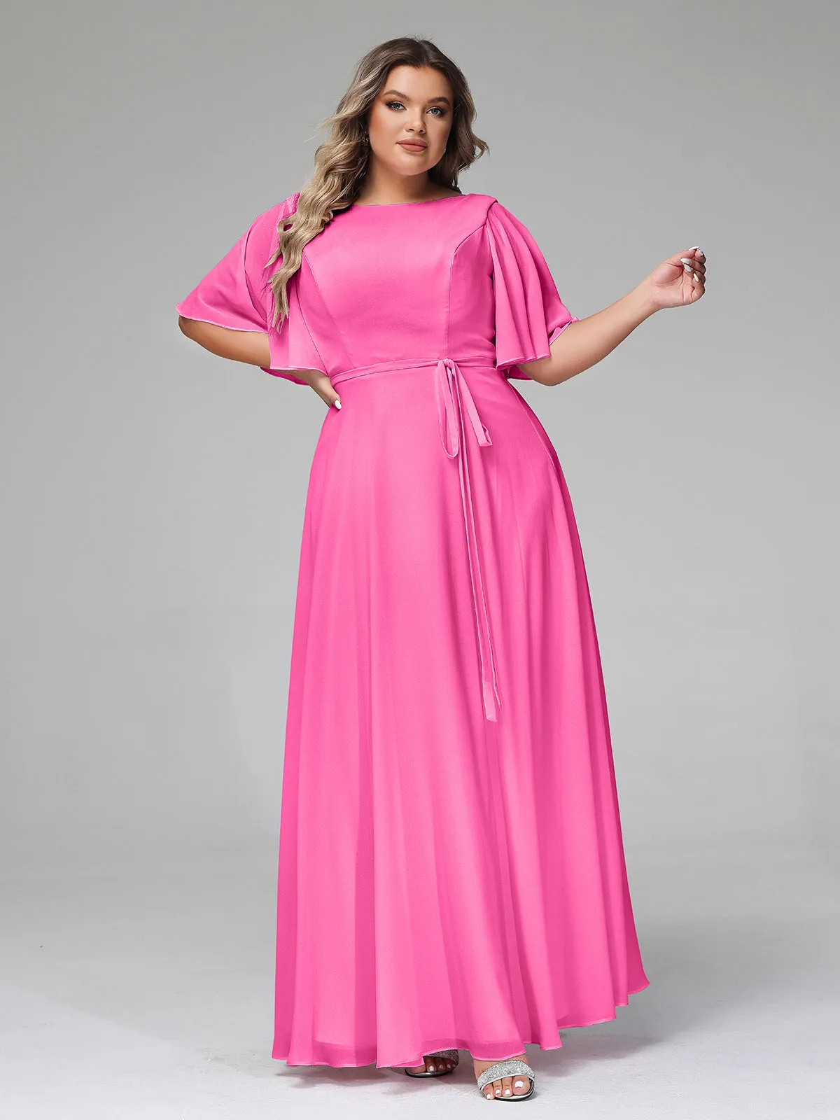 Flutter Sleeves Chiffon Max Dresses with Sash Bow-Azalea Plus Size