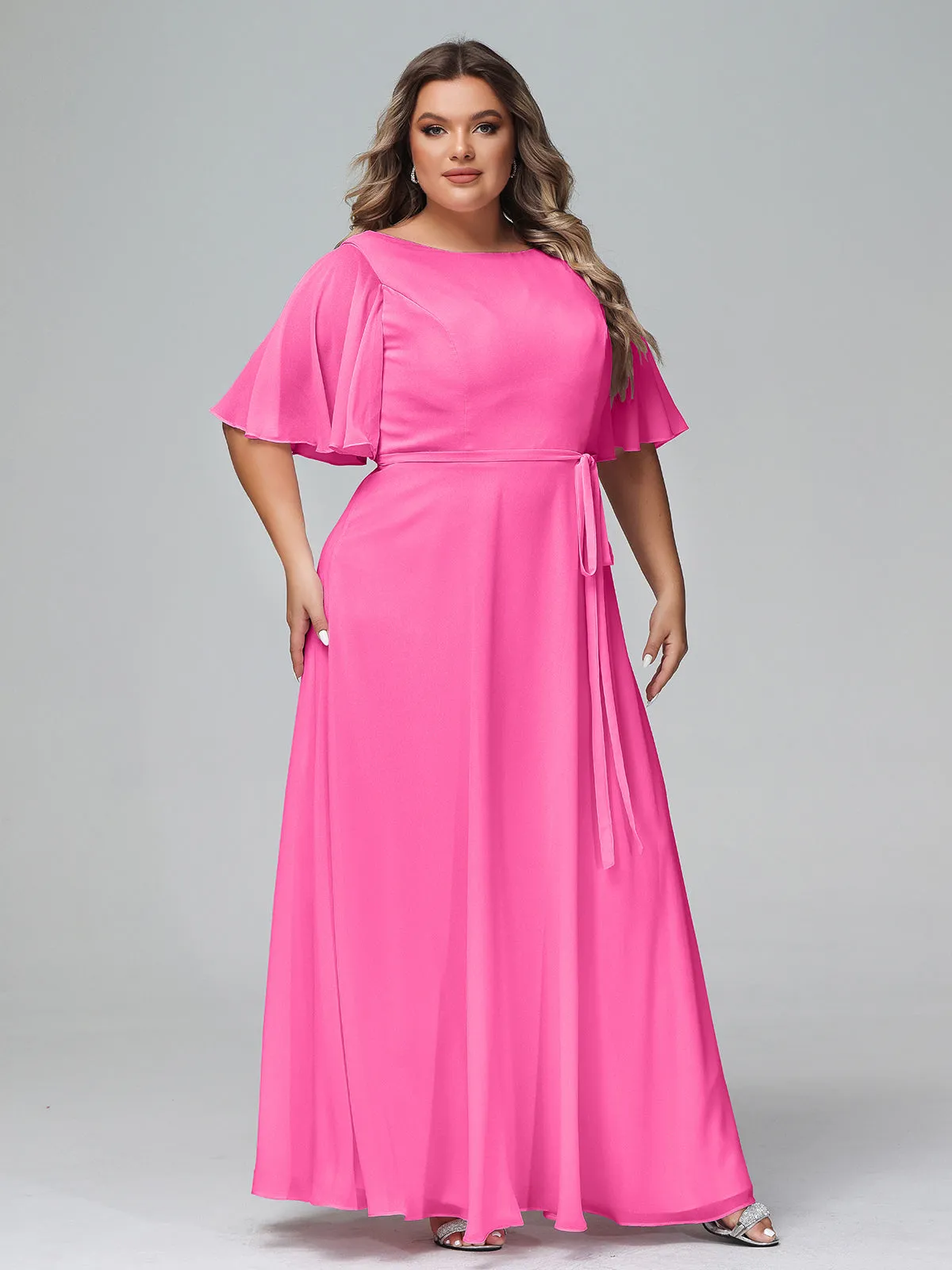 Flutter Sleeves Chiffon Max Dresses with Sash Bow-Azalea Plus Size