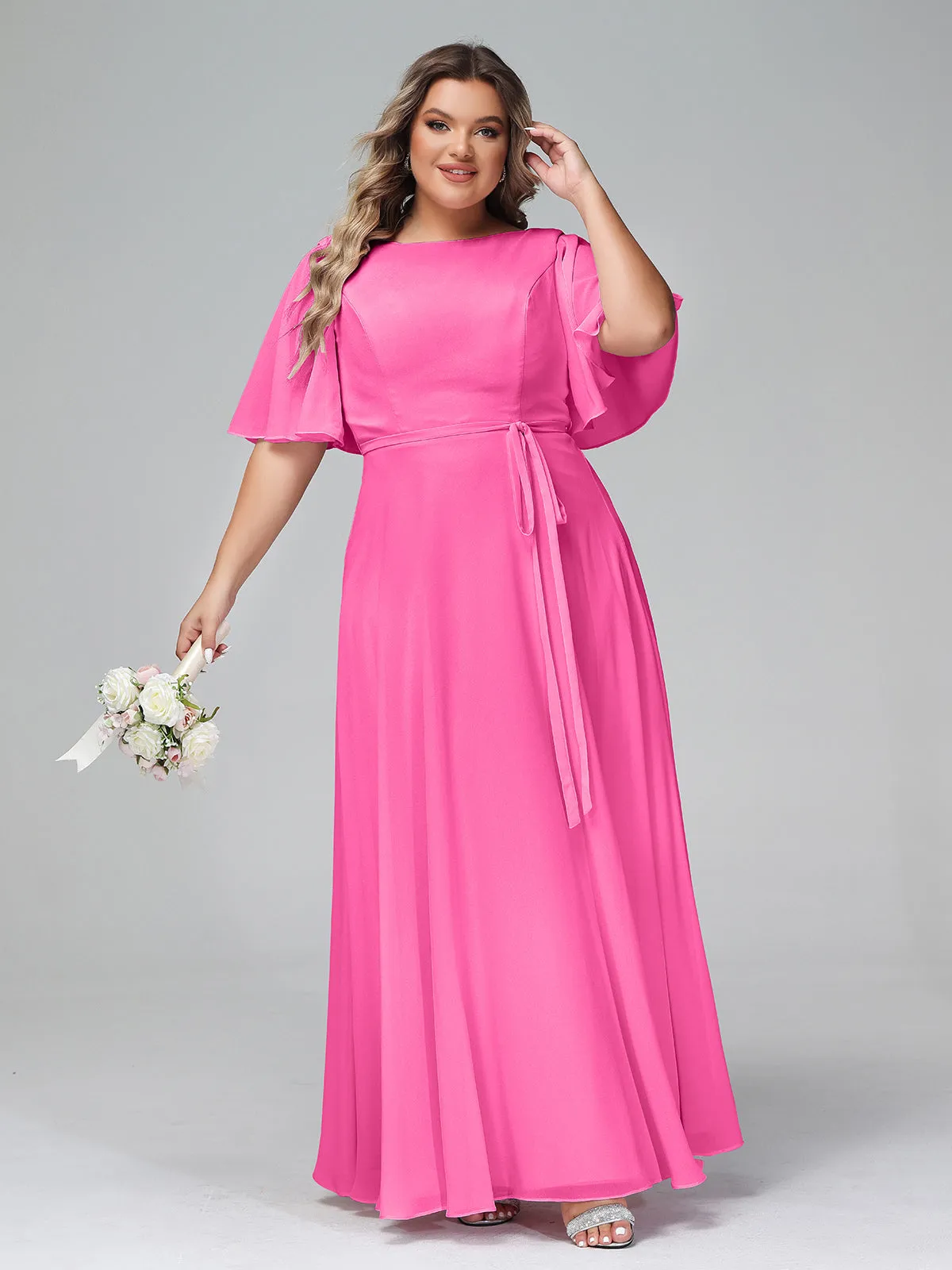 Flutter Sleeves Chiffon Max Dresses with Sash Bow-Azalea Plus Size