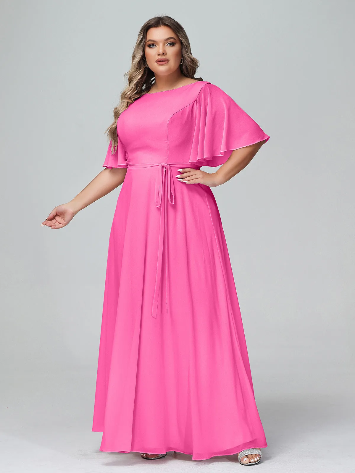 Flutter Sleeves Chiffon Max Dresses with Sash Bow-Azalea Plus Size