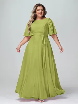 Flutter Sleeves Chiffon Max Dresses with Sash Bow-Clover Plus Size