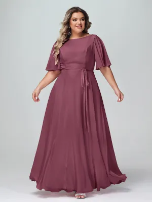 Flutter Sleeves Chiffon Max Dresses with Sash Bow-Mulberry Plus Size