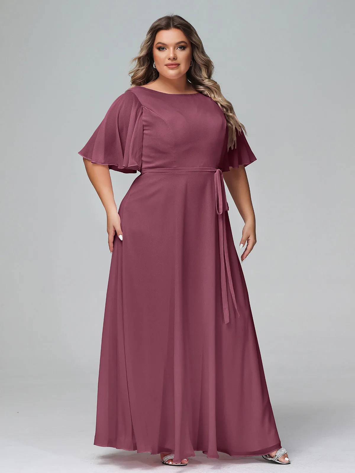 Flutter Sleeves Chiffon Max Dresses with Sash Bow-Mulberry Plus Size