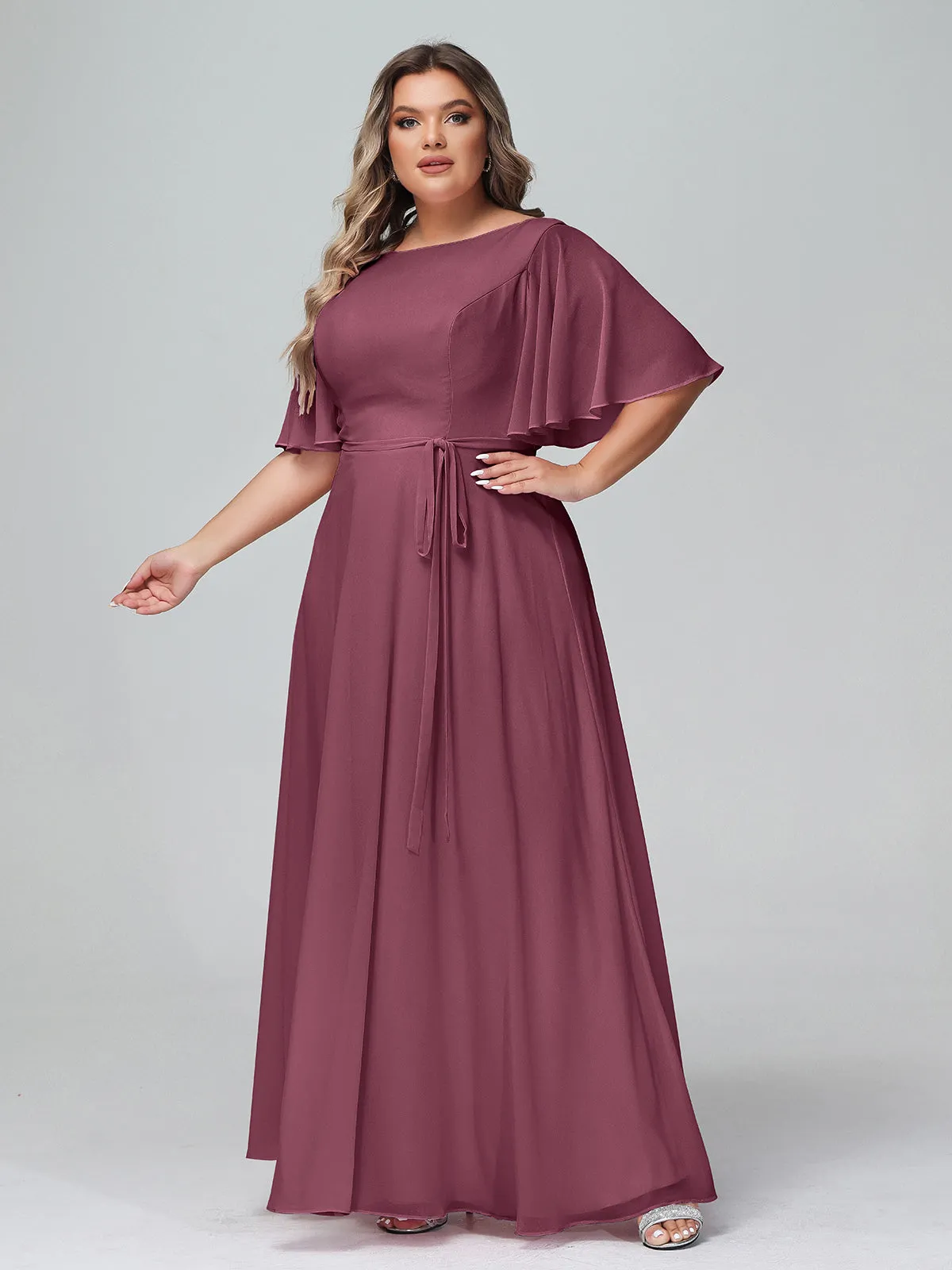 Flutter Sleeves Chiffon Max Dresses with Sash Bow-Mulberry Plus Size