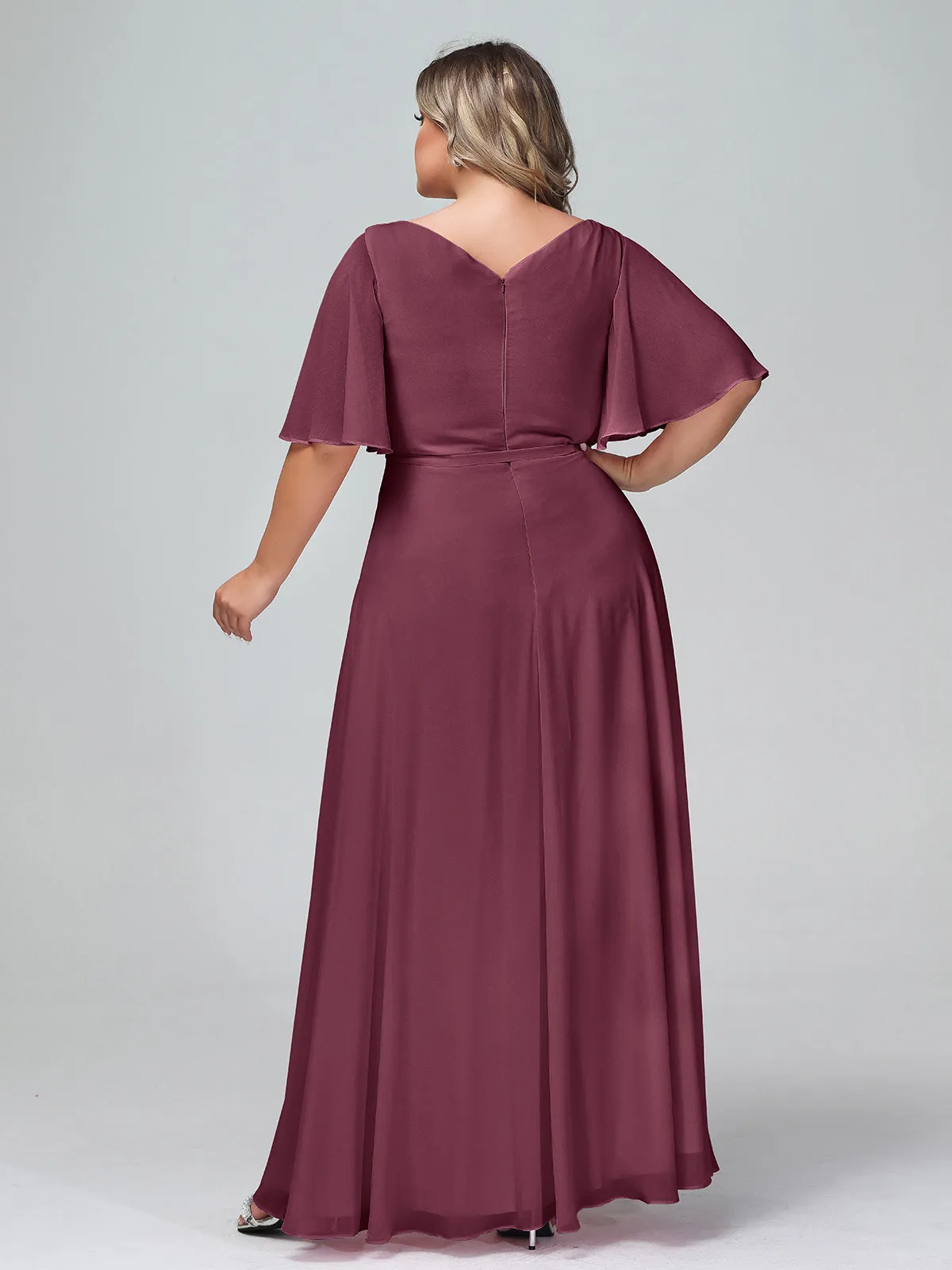 Flutter Sleeves Chiffon Max Dresses with Sash Bow-Mulberry Plus Size