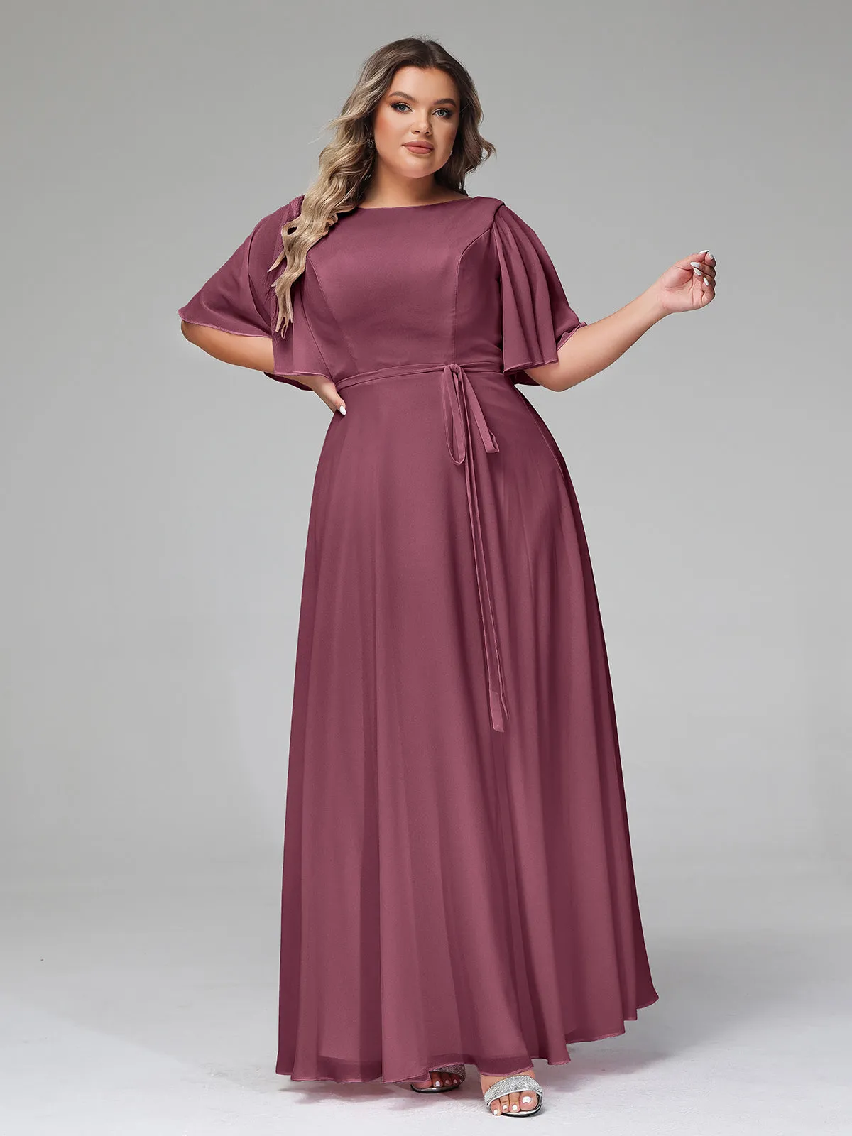 Flutter Sleeves Chiffon Max Dresses with Sash Bow-Mulberry Plus Size