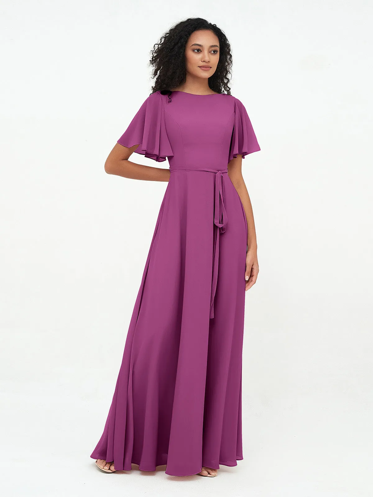 Flutter Sleeves Chiffon Max Dresses with Sash Bow-Orchid