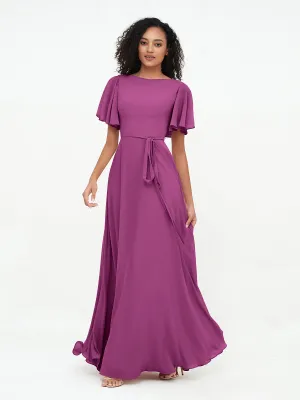Flutter Sleeves Chiffon Max Dresses with Sash Bow-Orchid