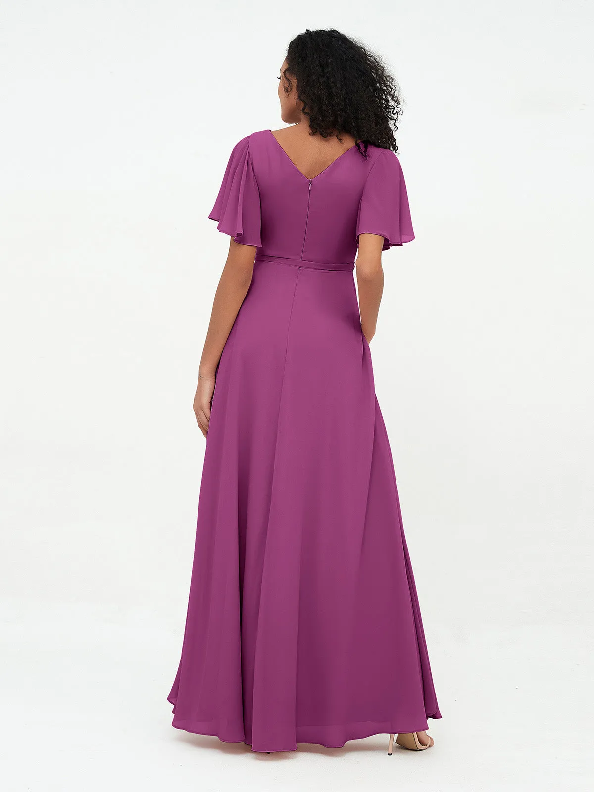 Flutter Sleeves Chiffon Max Dresses with Sash Bow-Orchid
