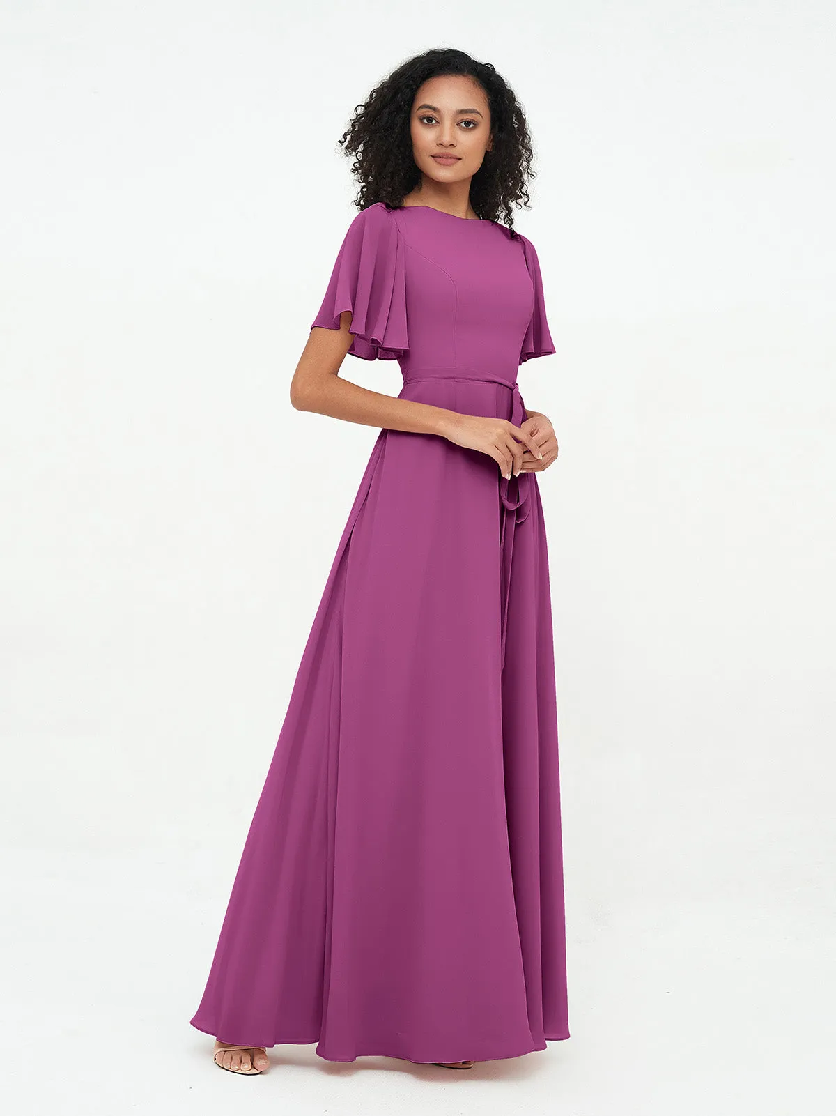 Flutter Sleeves Chiffon Max Dresses with Sash Bow-Orchid