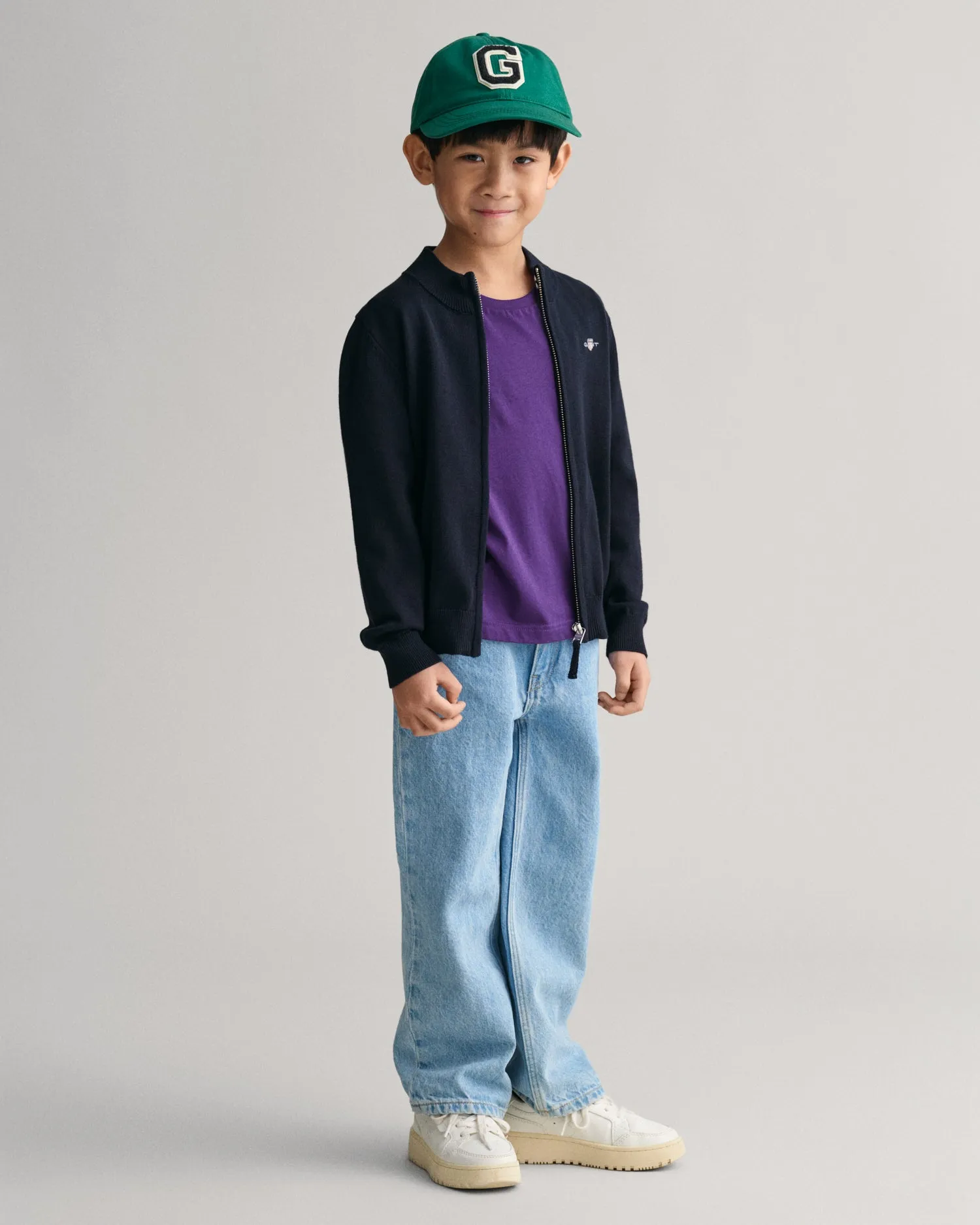 Gant Boys Blue Solid Round Neck Full Sleeves Cardigan