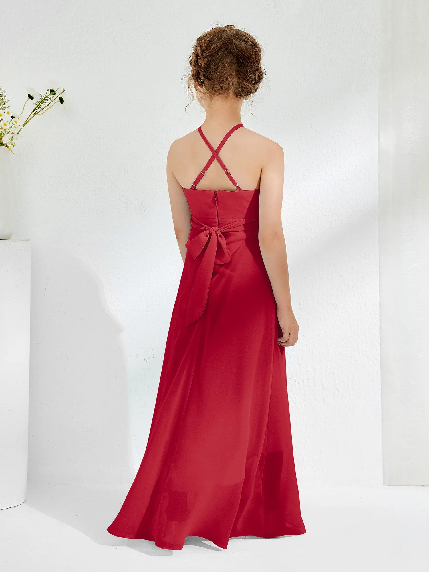 Halter Neckline Junior Bridesmaid Dresses with Sash Burgundy