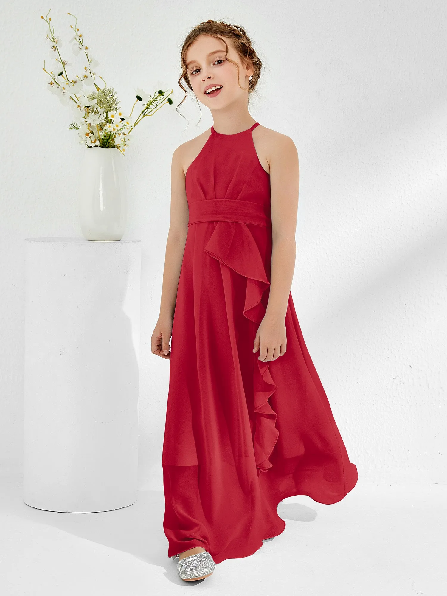 Halter Neckline Junior Bridesmaid Dresses with Sash Burgundy