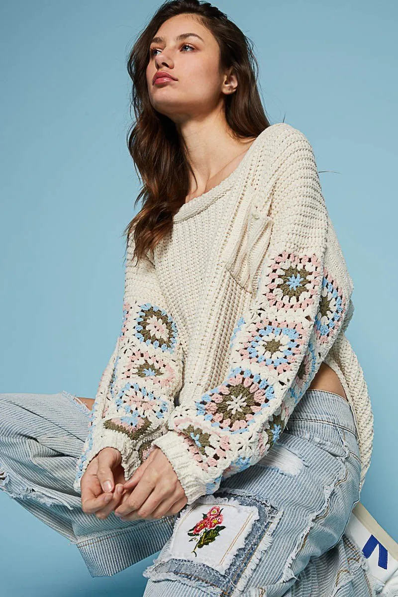 Jayde Beige Crochet Sleeve Sweater