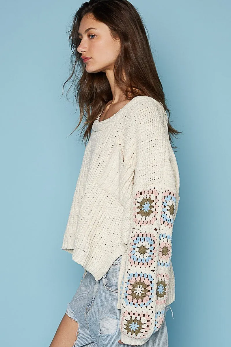 Jayde Beige Crochet Sleeve Sweater
