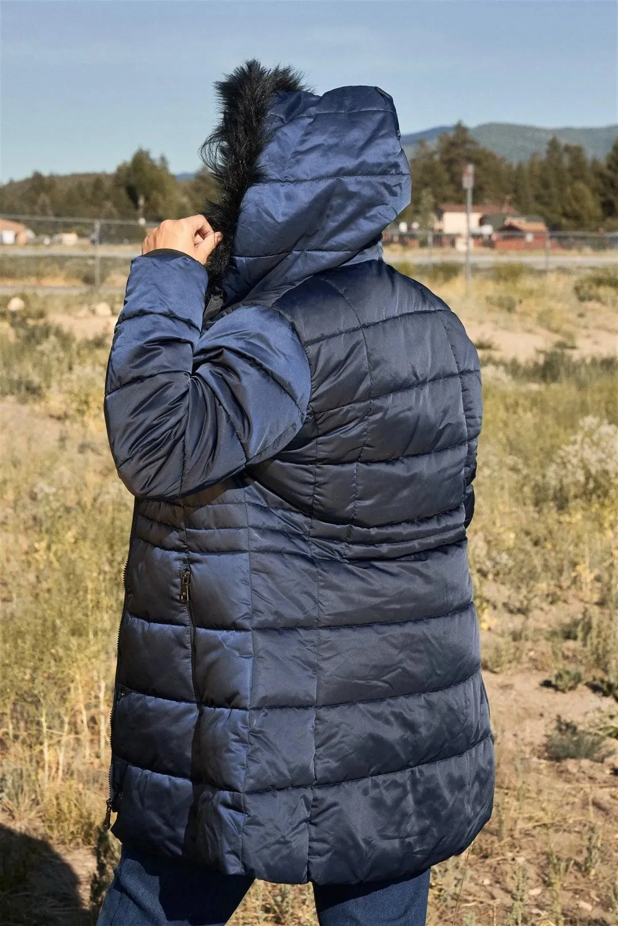 Junior Plus Navy Glossy Long Fitted Vegan Fur Hood Detail Winter Puffer Jacket /1-1-1-1