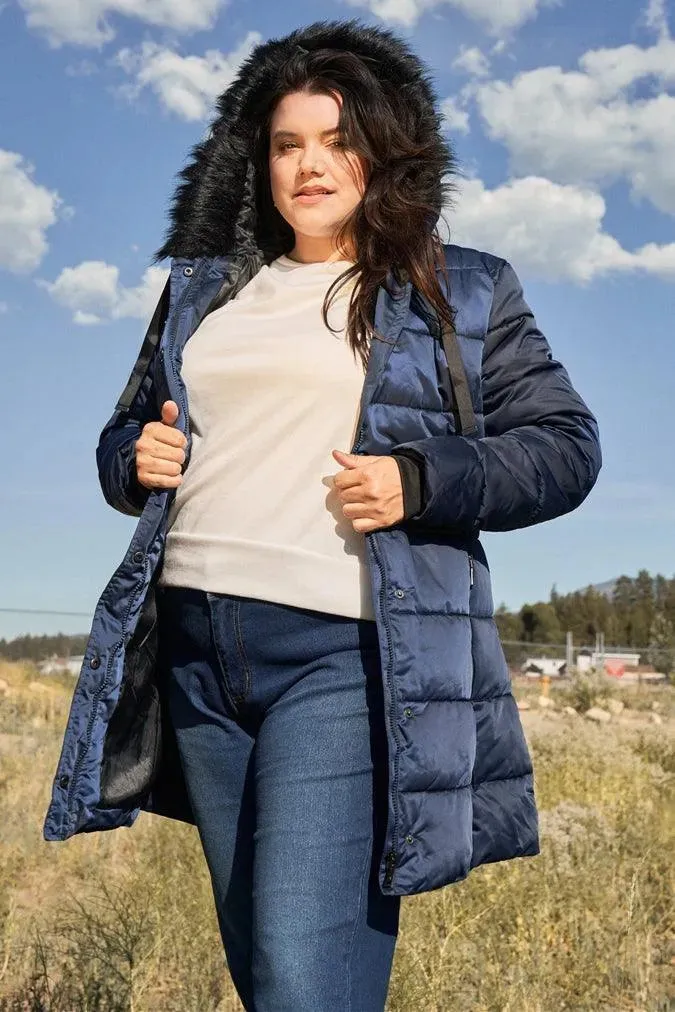 Junior Plus Navy Glossy Long Fitted Vegan Fur Hood Detail Winter Puffer Jacket /1-1-1-1