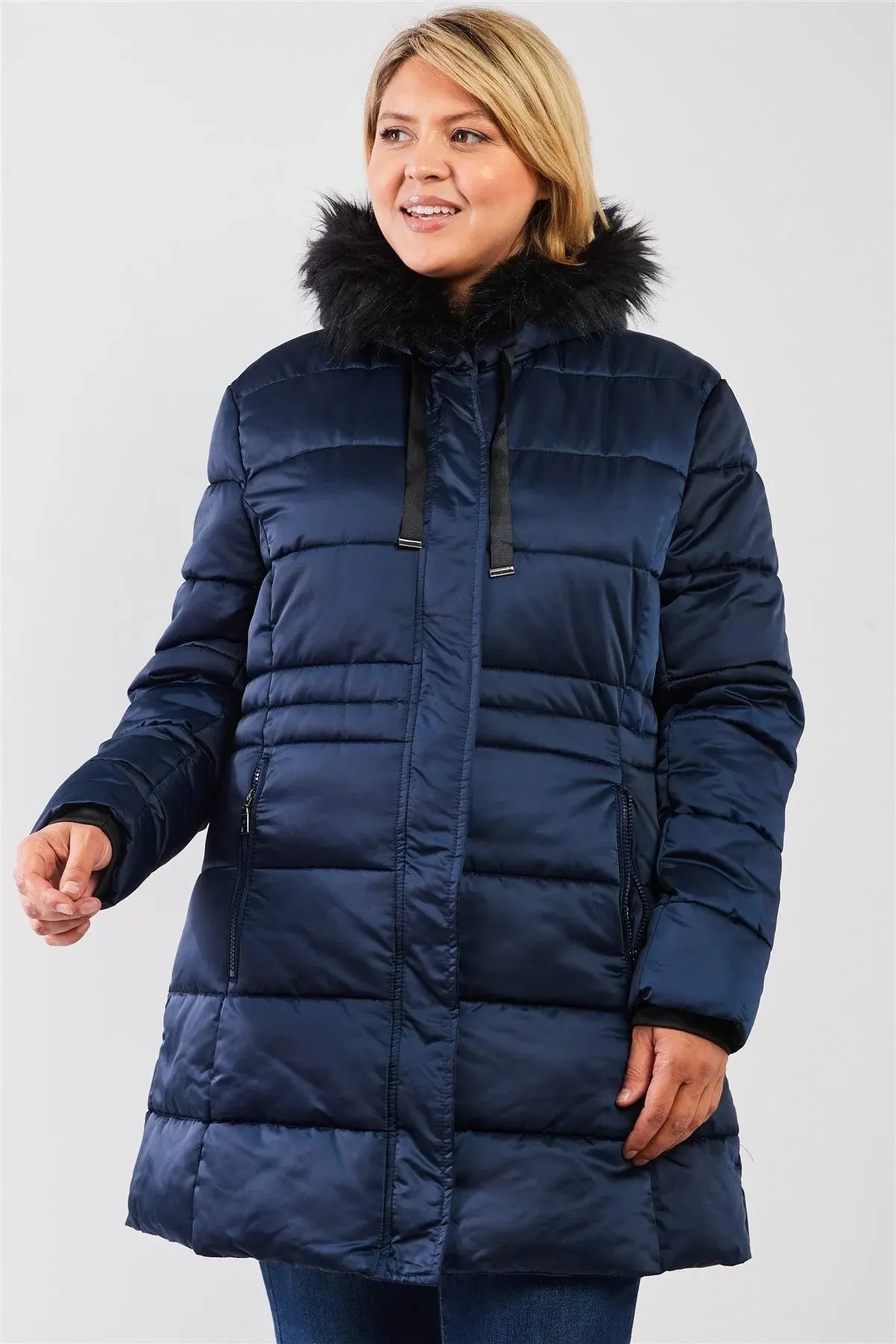 Junior Plus Navy Glossy Long Fitted Vegan Fur Hood Detail Winter Puffer Jacket /1-1-1-1