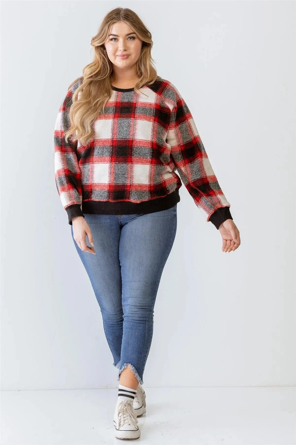 Junior Plus Red Wildfire Plaid Cotton Blend Long Sleeve Sweatshirt /3-2-1