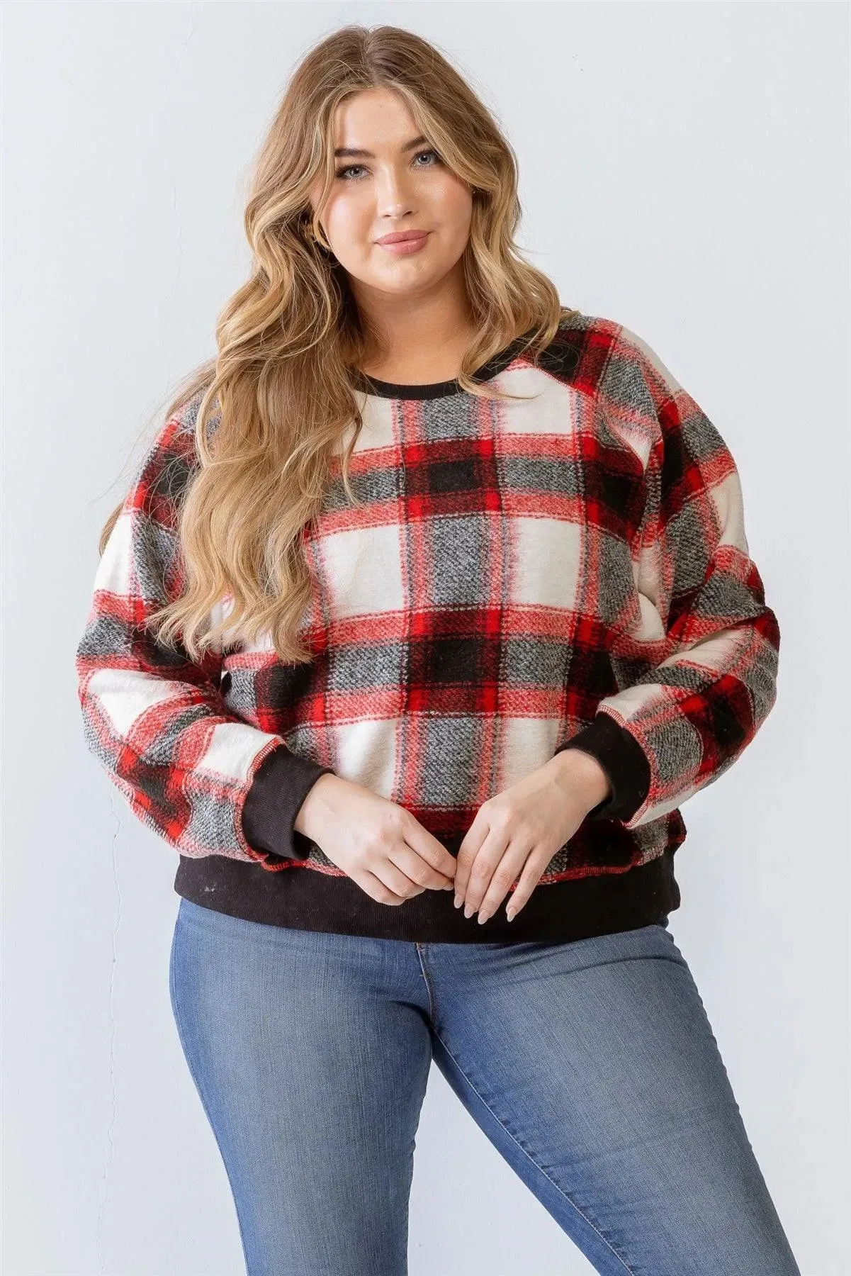 Junior Plus Red Wildfire Plaid Cotton Blend Long Sleeve Sweatshirt /3-2-1