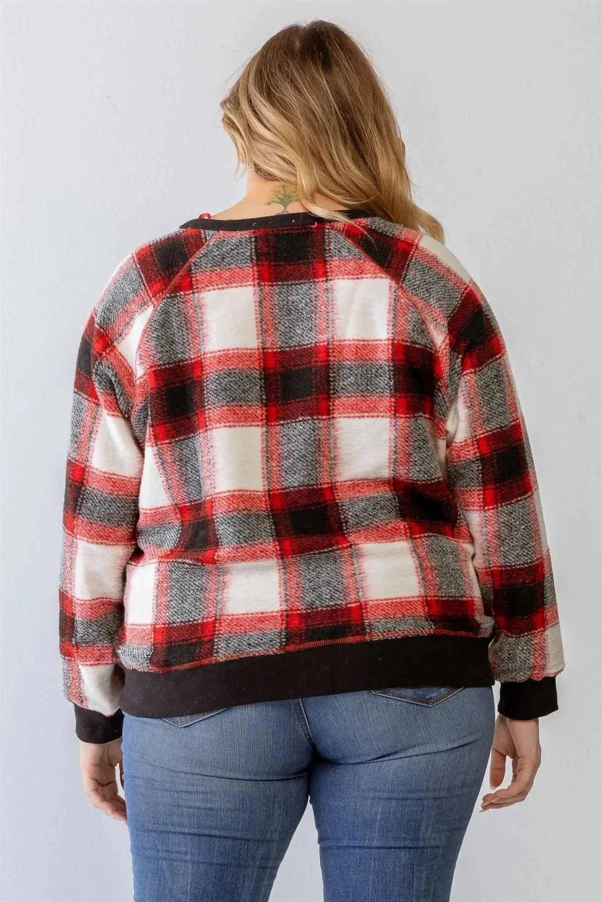 Junior Plus Red Wildfire Plaid Cotton Blend Long Sleeve Sweatshirt /3-2-1