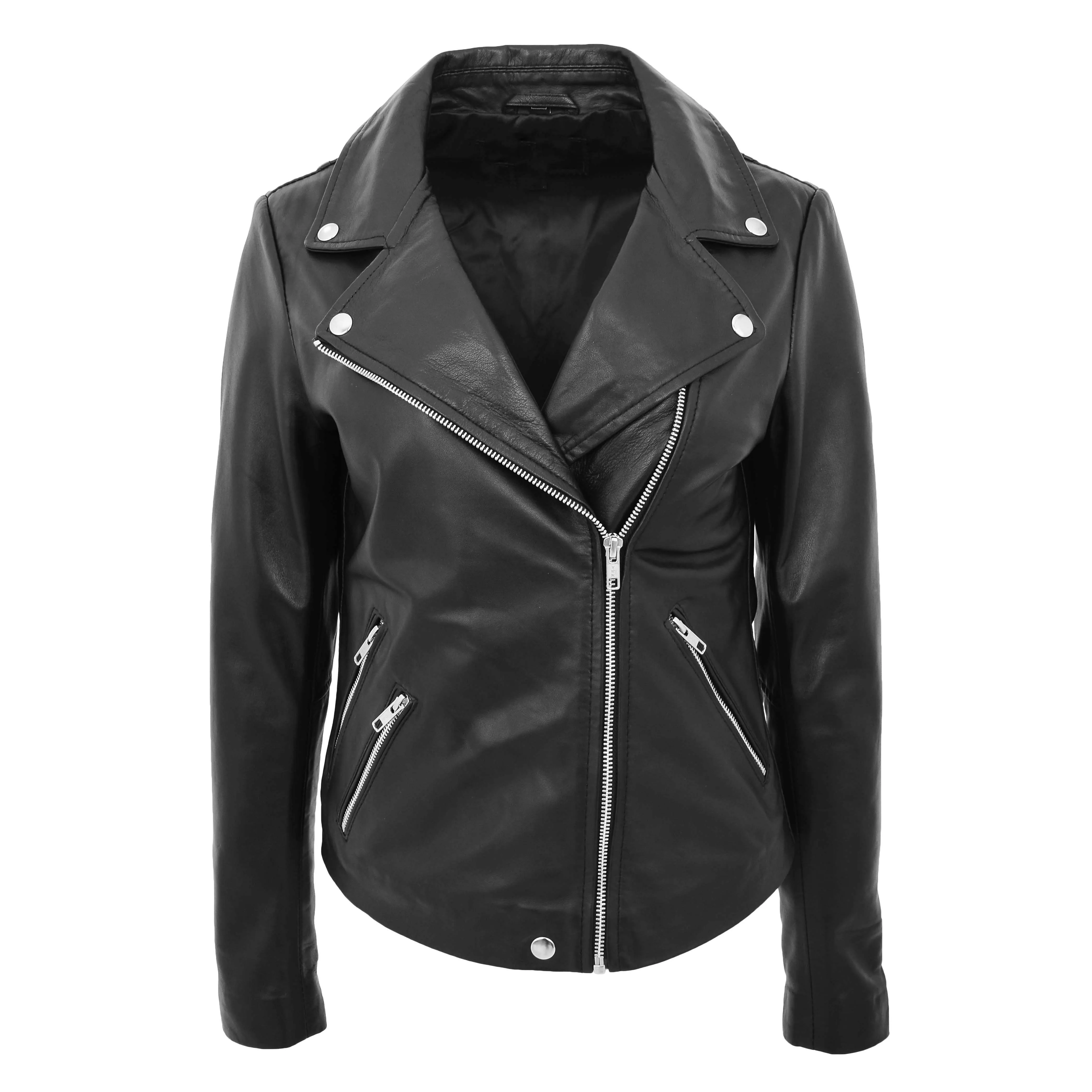 Ladies Real Leather Jacket Zip Fasten Fitted Biker Style Coat Sadie Black