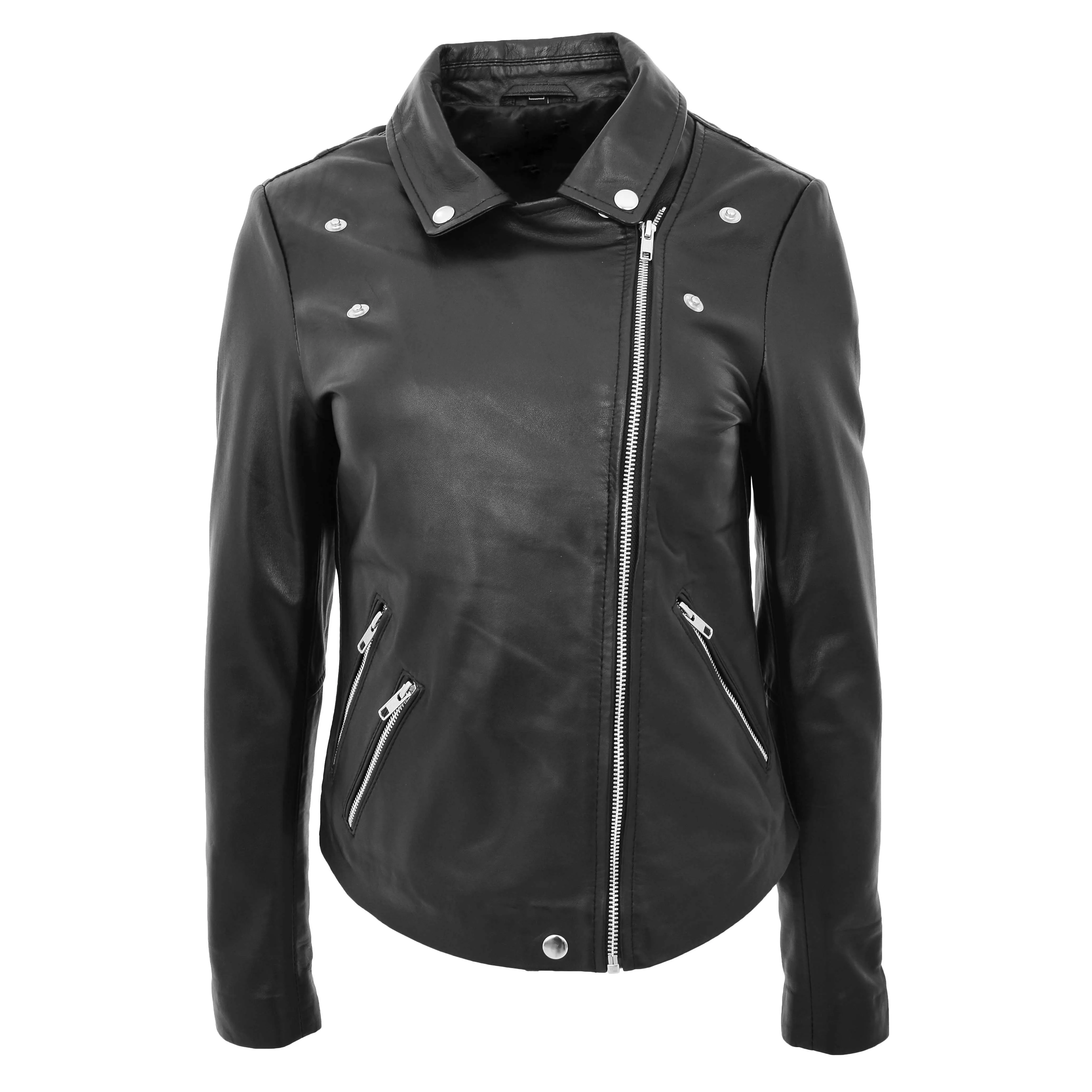 Ladies Real Leather Jacket Zip Fasten Fitted Biker Style Coat Sadie Black