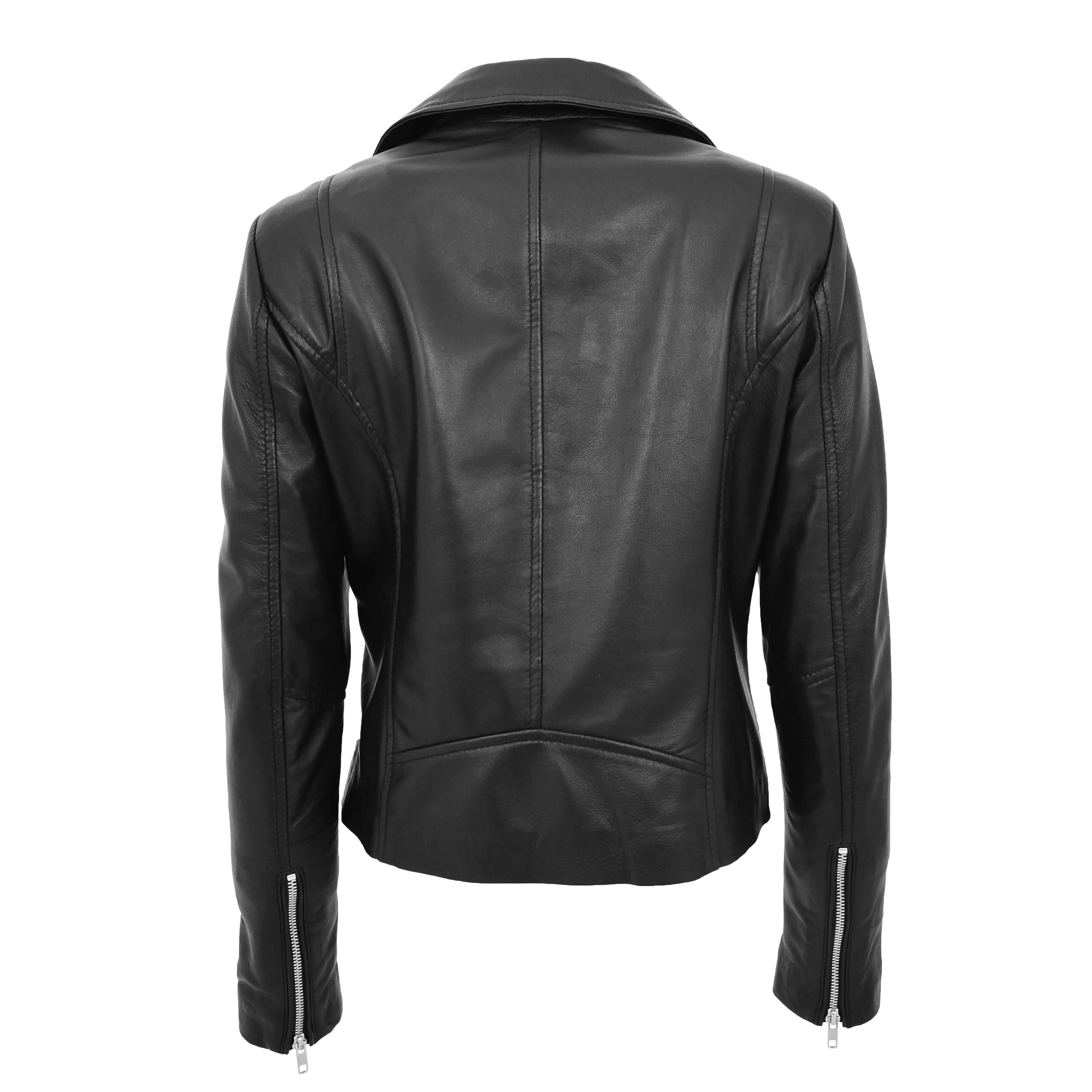 Ladies Real Leather Jacket Zip Fasten Fitted Biker Style Coat Sadie Black