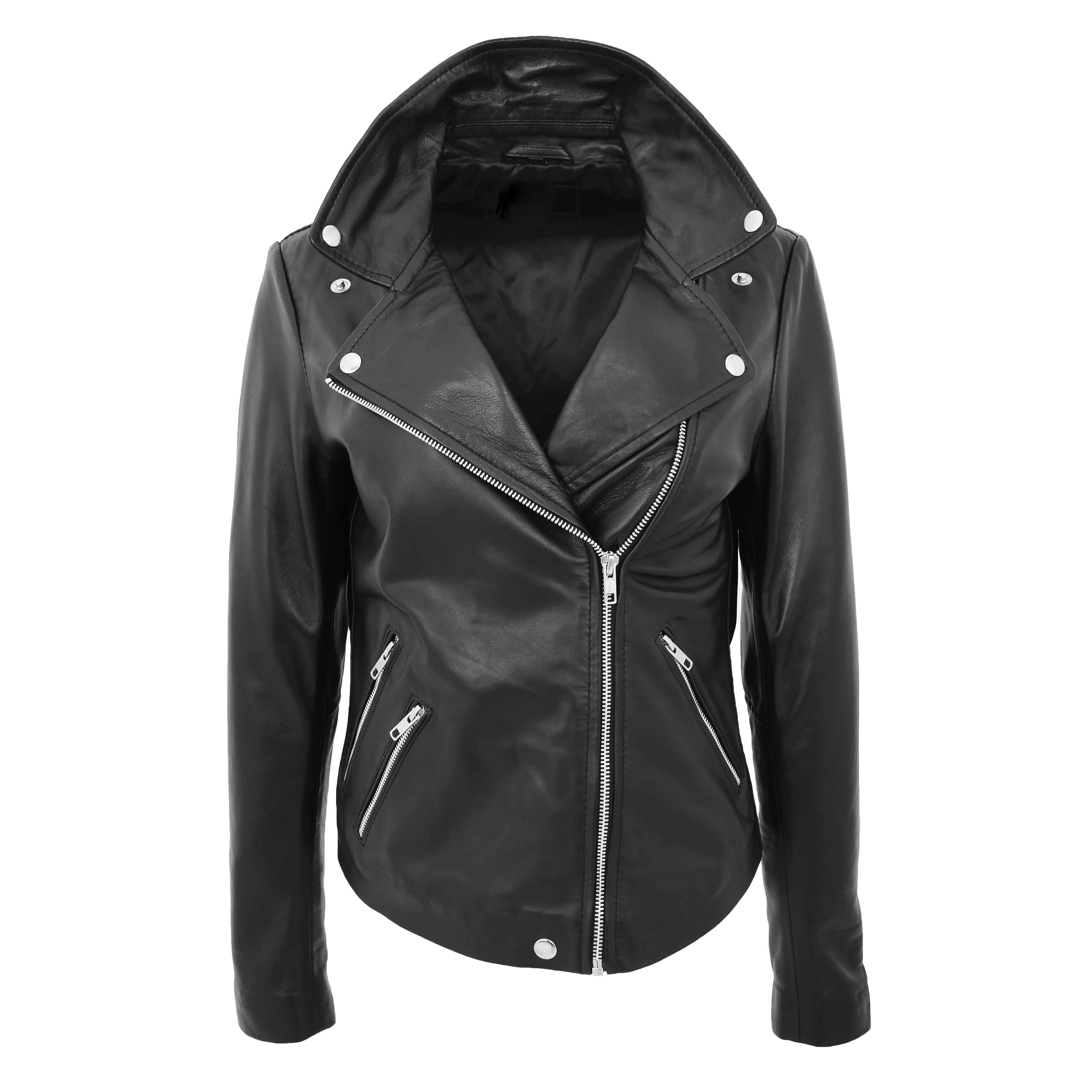 Ladies Real Leather Jacket Zip Fasten Fitted Biker Style Coat Sadie Black