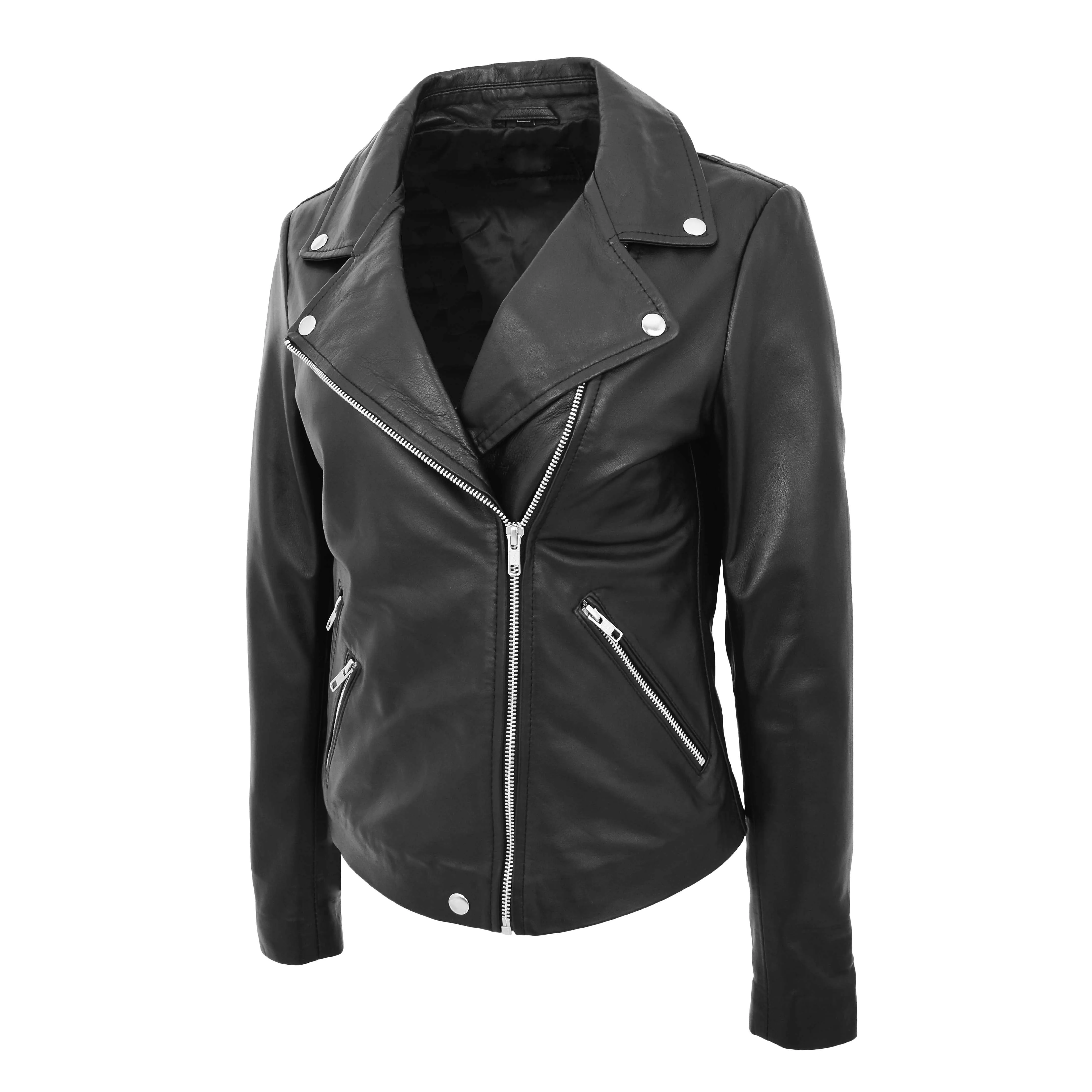 Ladies Real Leather Jacket Zip Fasten Fitted Biker Style Coat Sadie Black