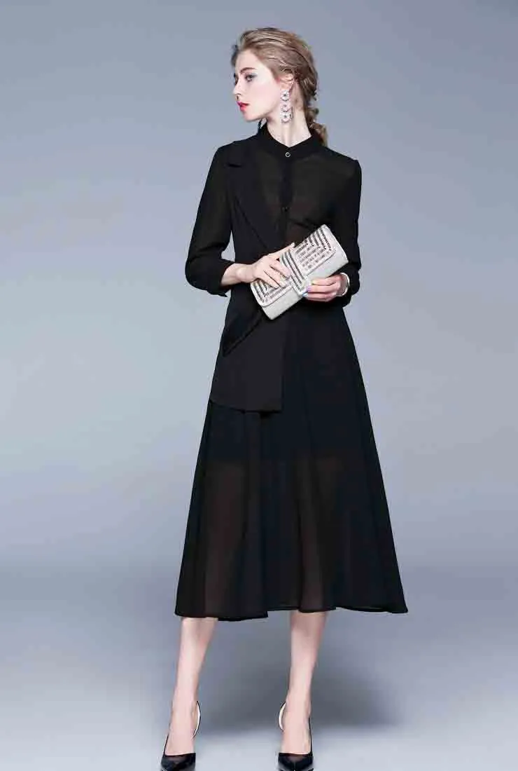 Long-sleeved Patchwork Chiffon Maxi Dress
