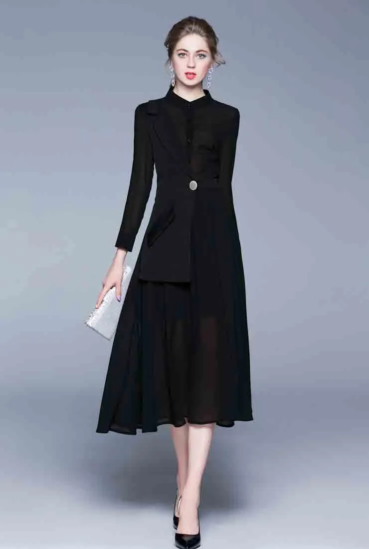 Long-sleeved Patchwork Chiffon Maxi Dress