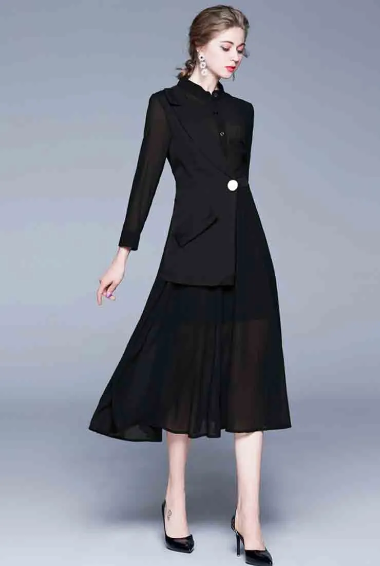 Long-sleeved Patchwork Chiffon Maxi Dress