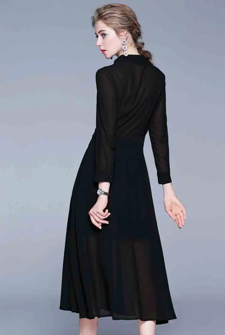 Long-sleeved Patchwork Chiffon Maxi Dress