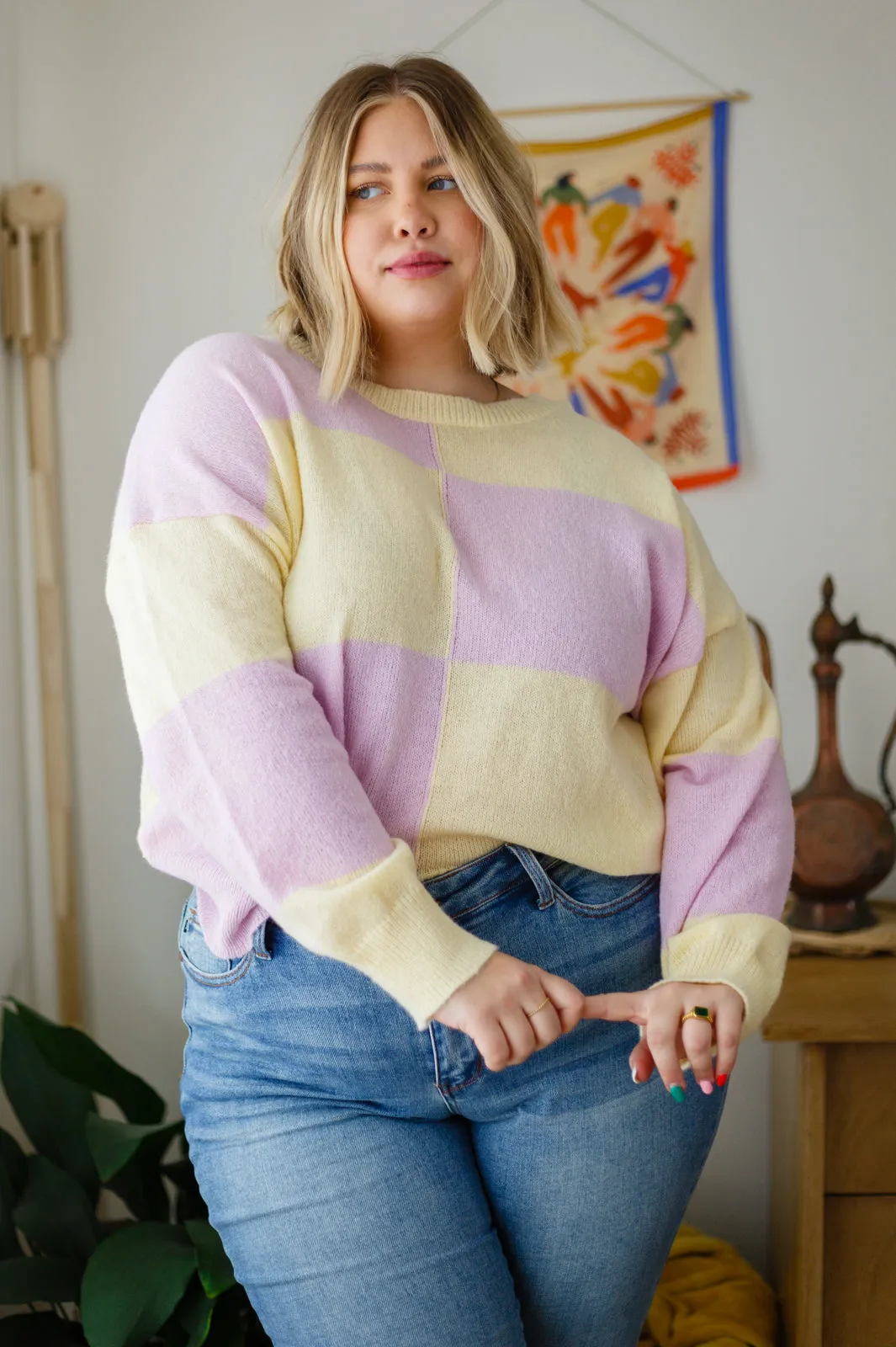 Make Your Move Checkered Knit Sweater in Lavender