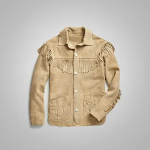 Men's Brown Western Suede Leather Jacket With Beads Fringes