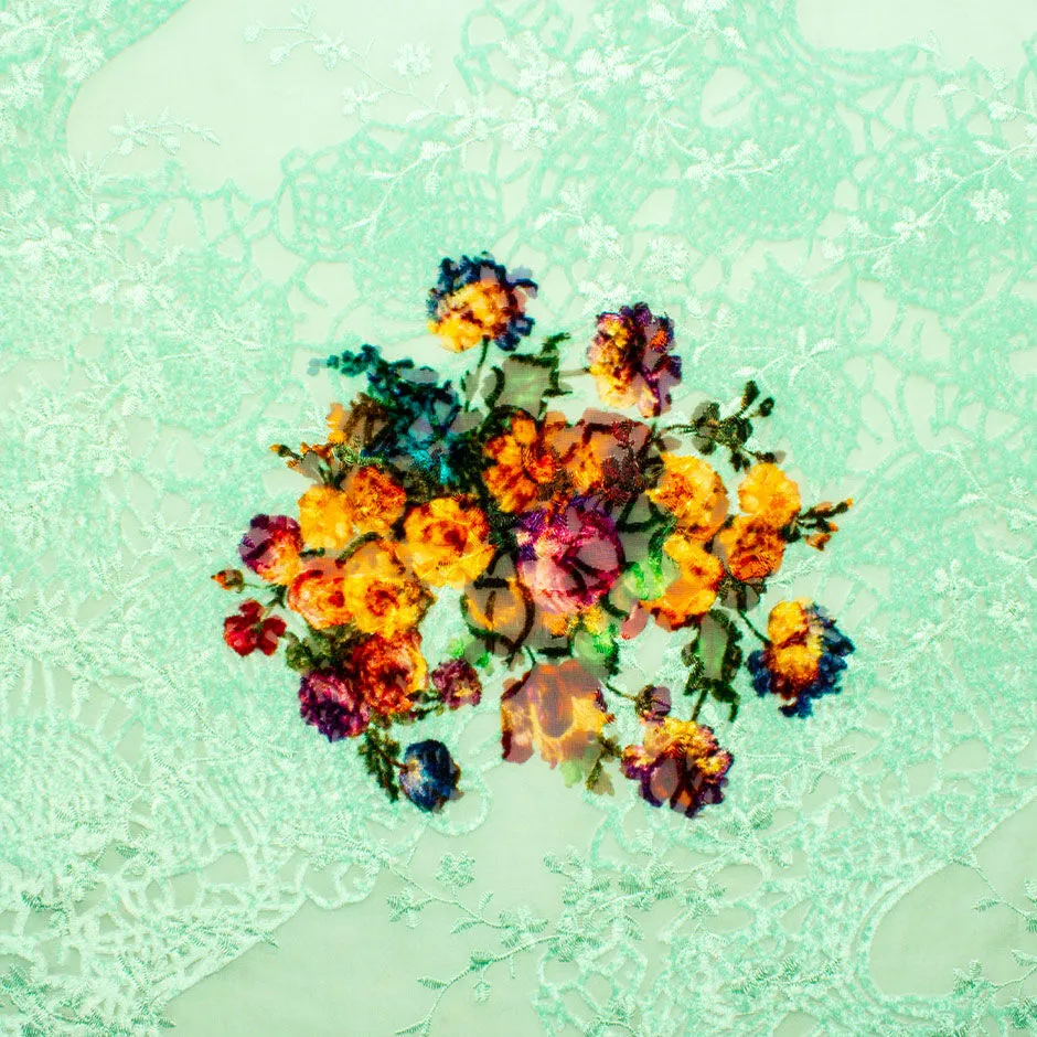 Orange Floral Mint Embroidered Green Devoré Velvet
