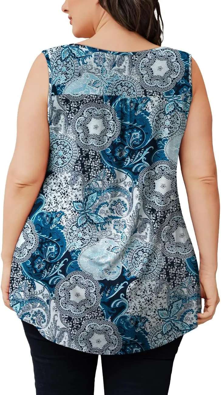 Othyroce Womens Plus Size Tunic Tops Sleeveless Summer Printed Flowy Blouses with Buttons Shirts