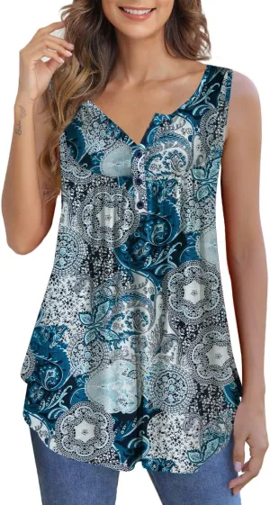 Othyroce Womens Plus Size Tunic Tops Sleeveless Summer Printed Flowy Blouses with Buttons Shirts
