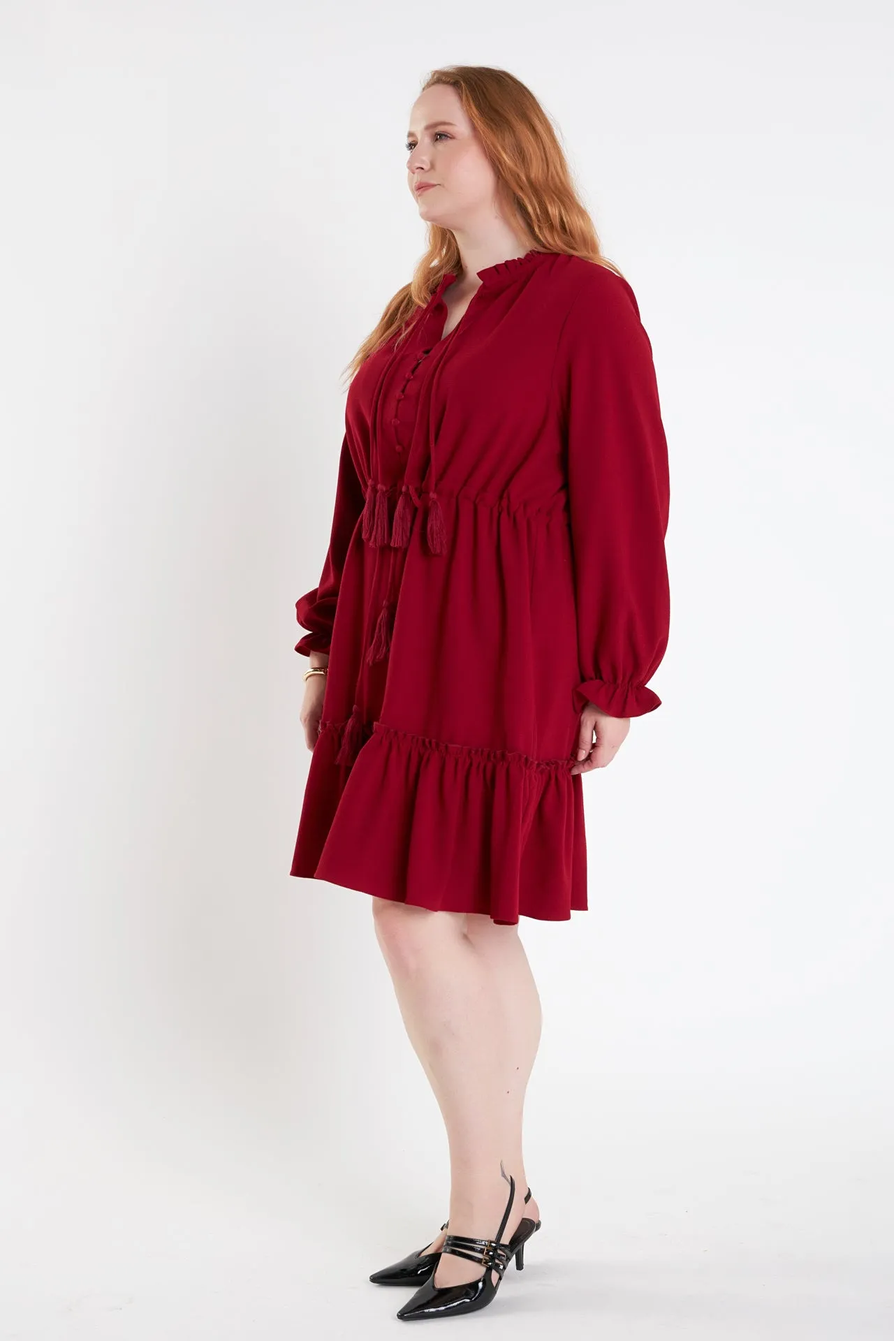 Plus Size Tassel Trim Dress With Ruffled Hem