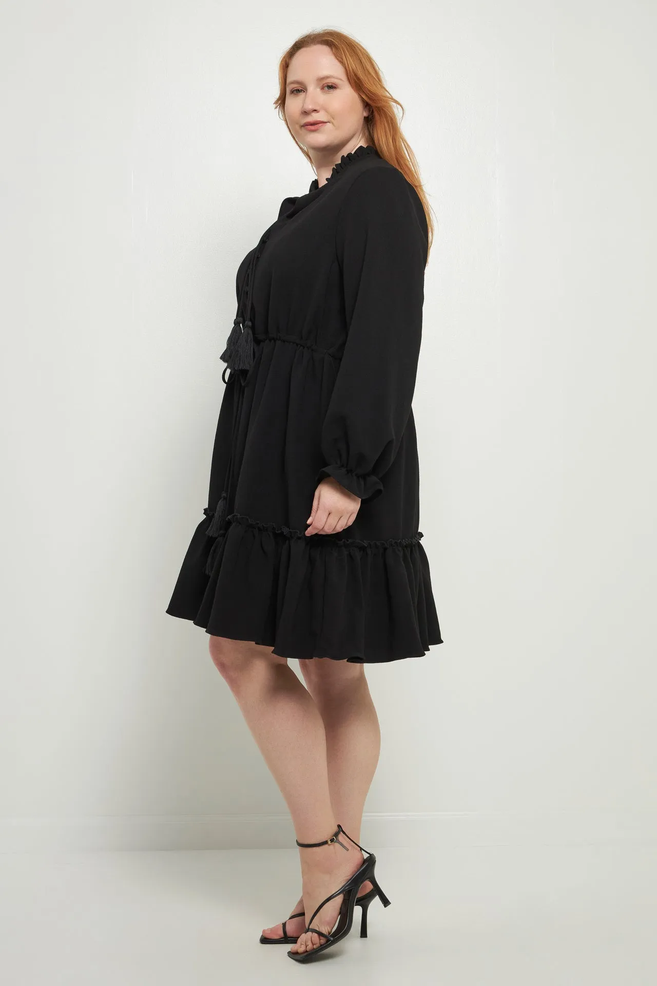Plus Size Tassel Trim Dress With Ruffled Hem