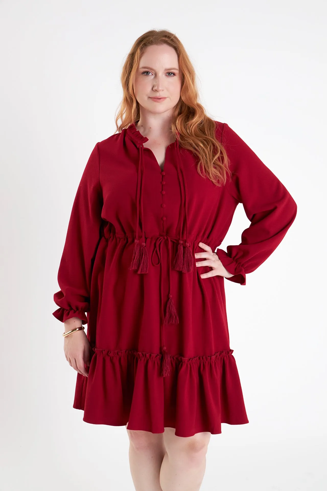 Plus Size Tassel Trim Dress With Ruffled Hem