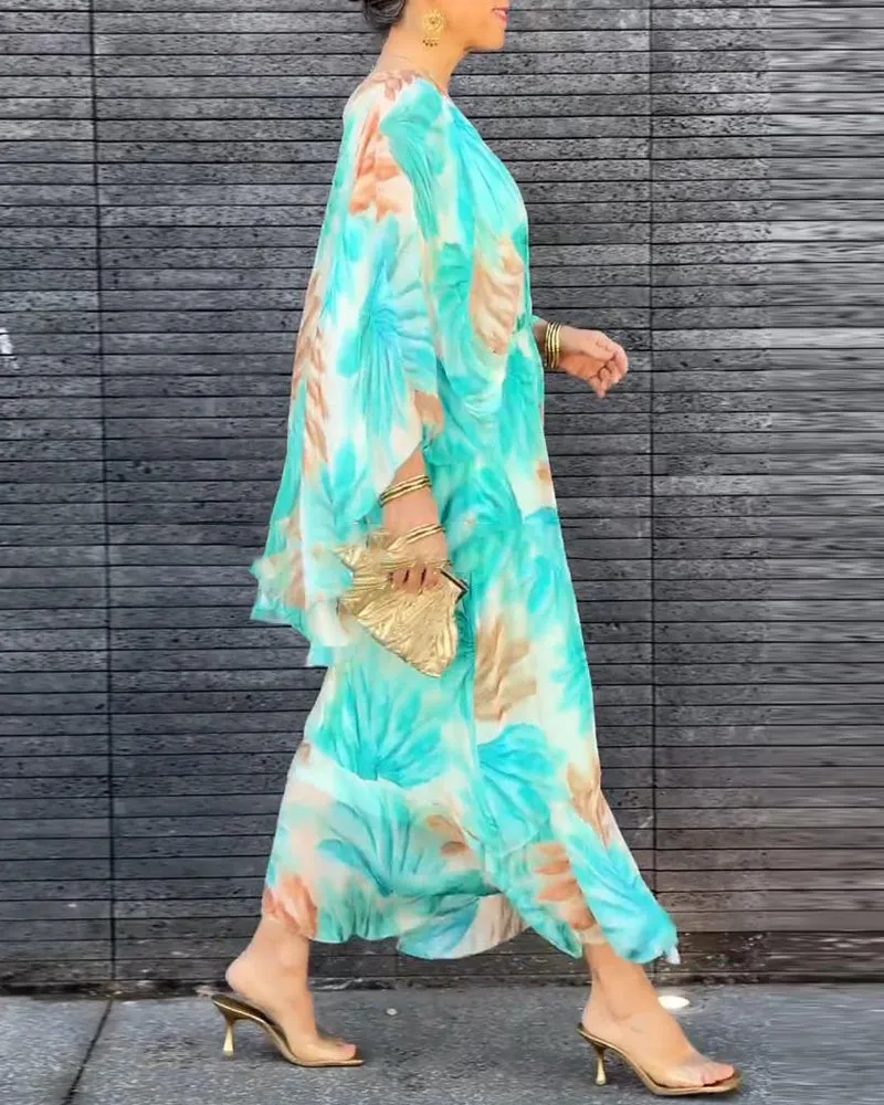 Printed v-neck elegant flowing dress