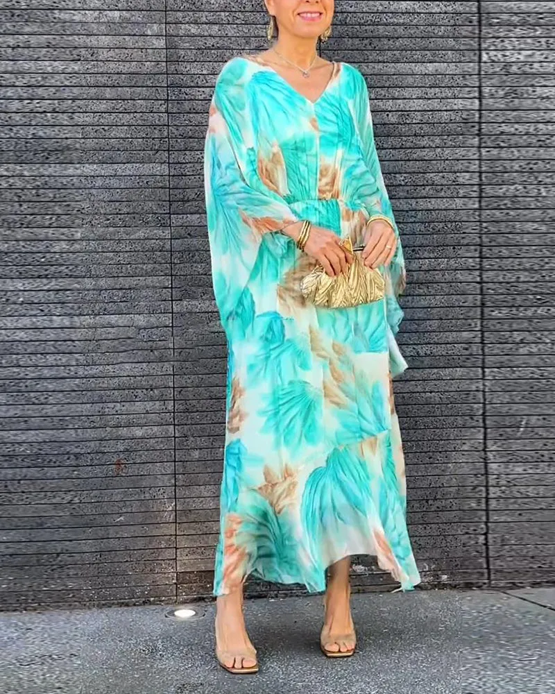 Printed v-neck elegant flowing dress