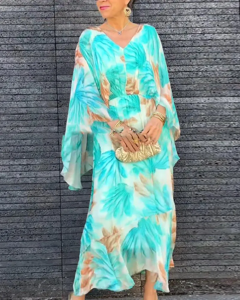 Printed v-neck elegant flowing dress