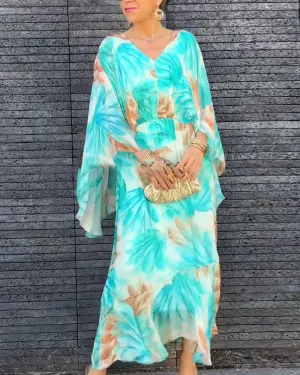 Printed v-neck elegant flowing dress