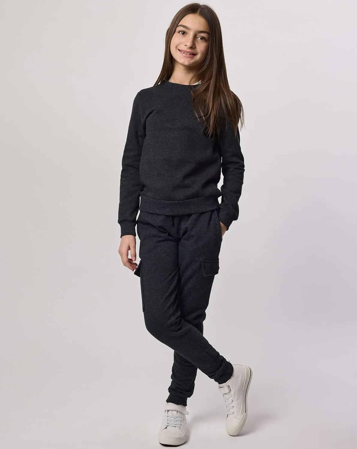 Real Essentials 3-Pack: Girls Ultra-Soft & Warm Long Sleeve Fleece Crew Neck Pullover Sweatshirt