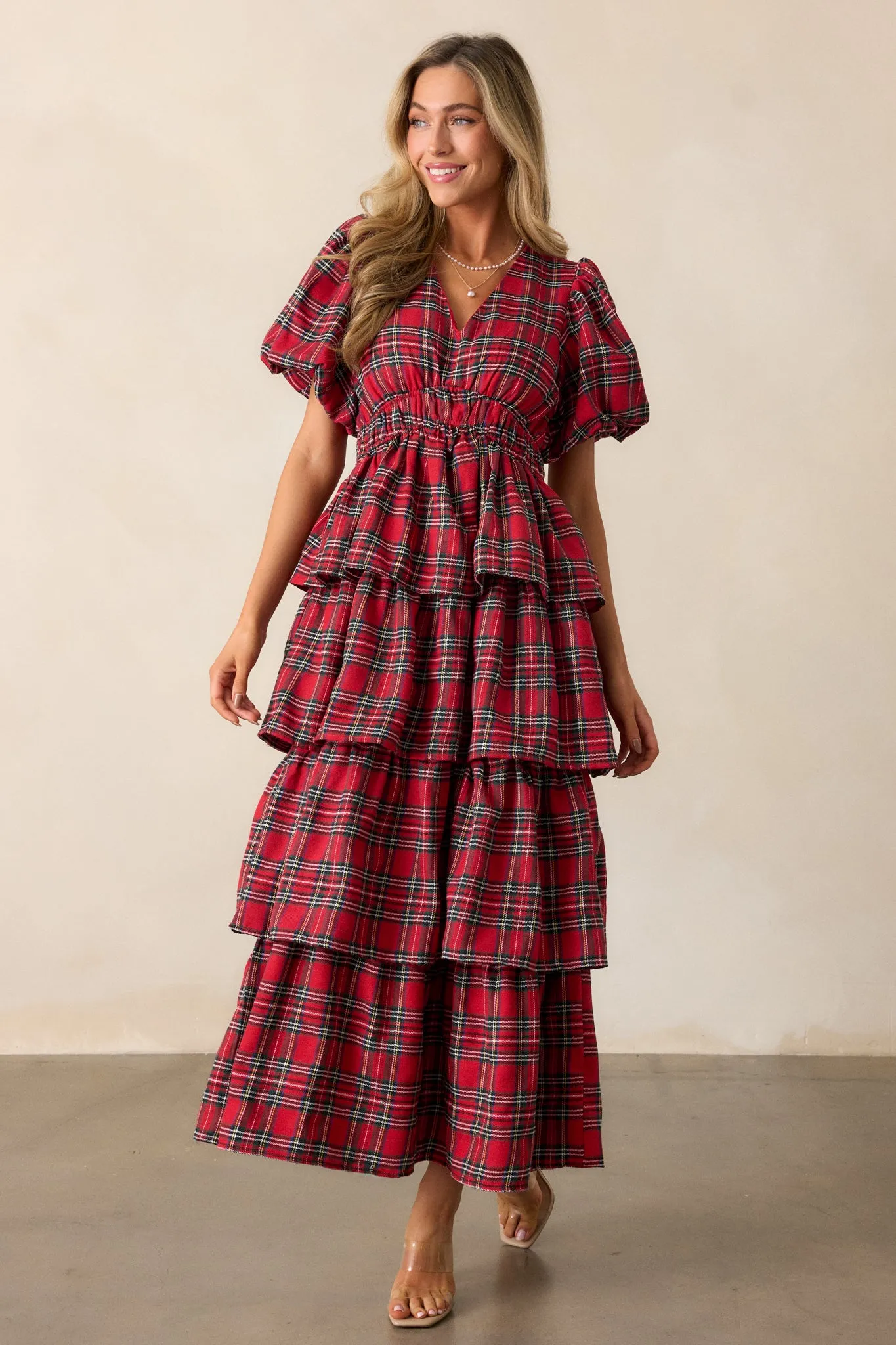 Ribbons of Light Red Plaid Tiered Maxi Dress