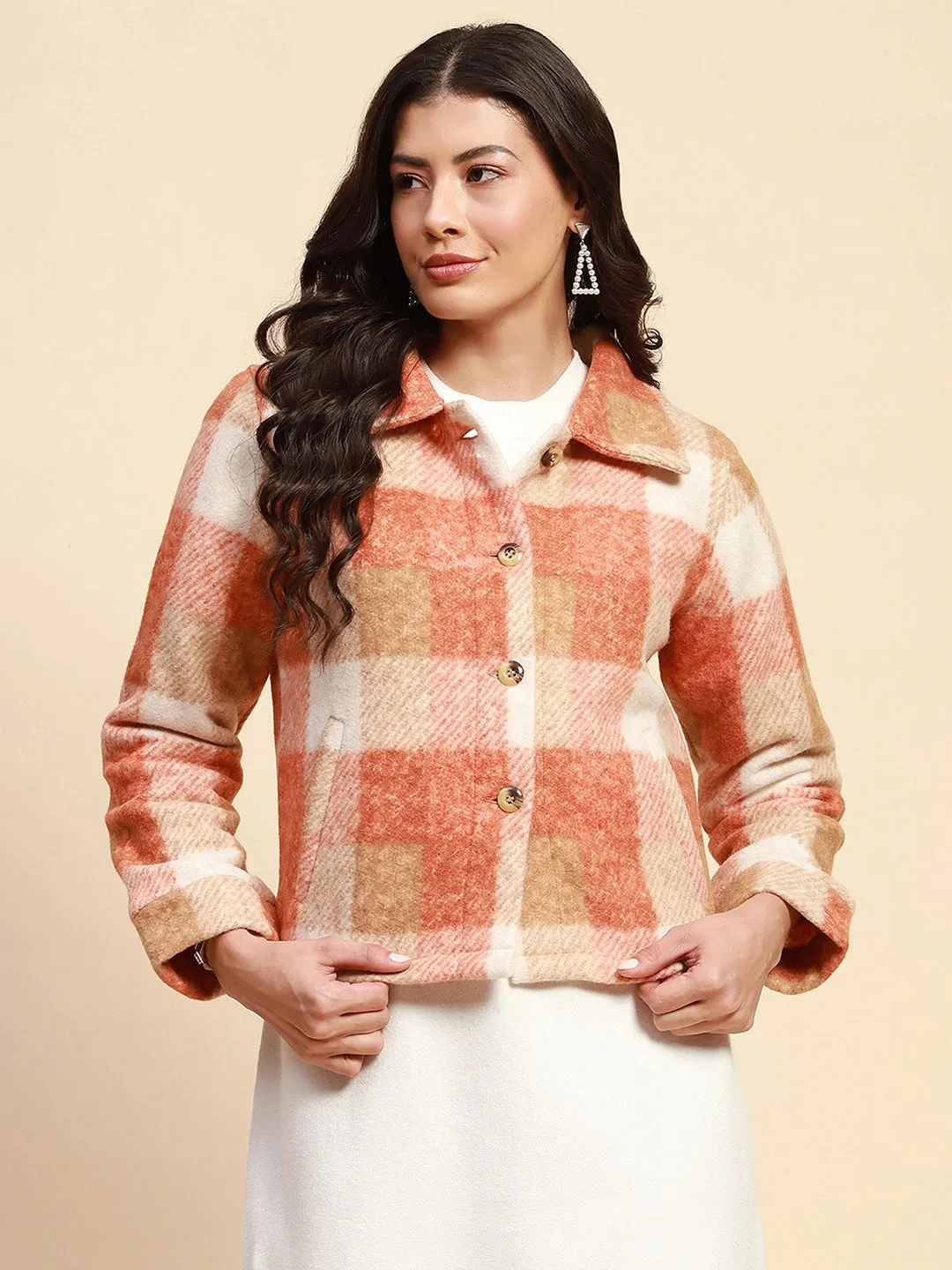 Rust Poly Blend Regular Fit Jacket For Women