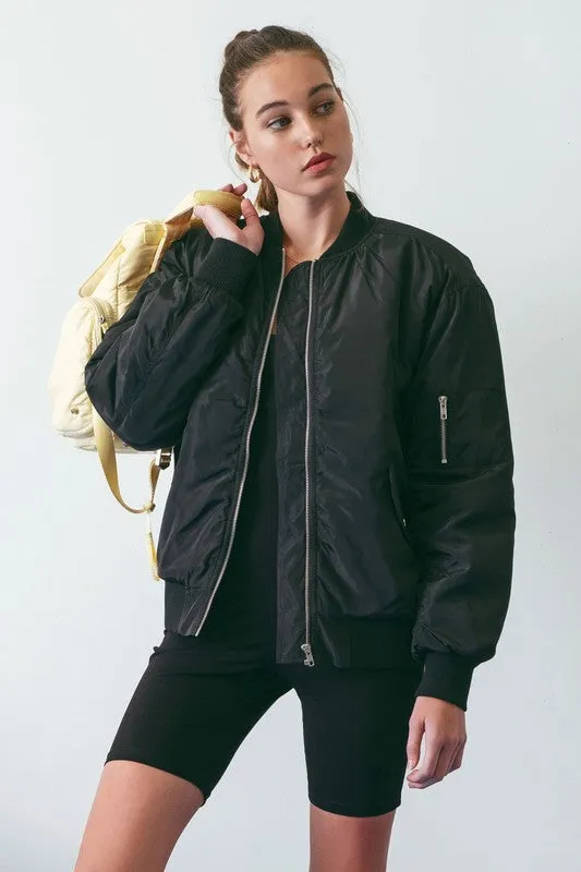 Solid Ruched Bomber Jacket